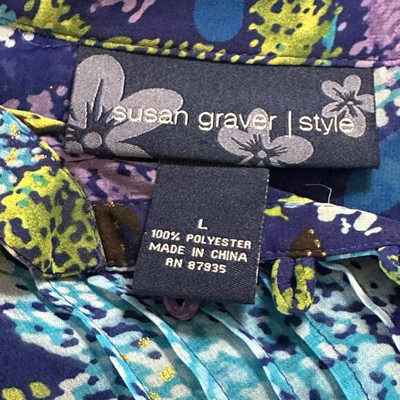 Susan Graver Style size L semi sheer blue floral pin tuck long sleeve button top - Picture 5 of 7